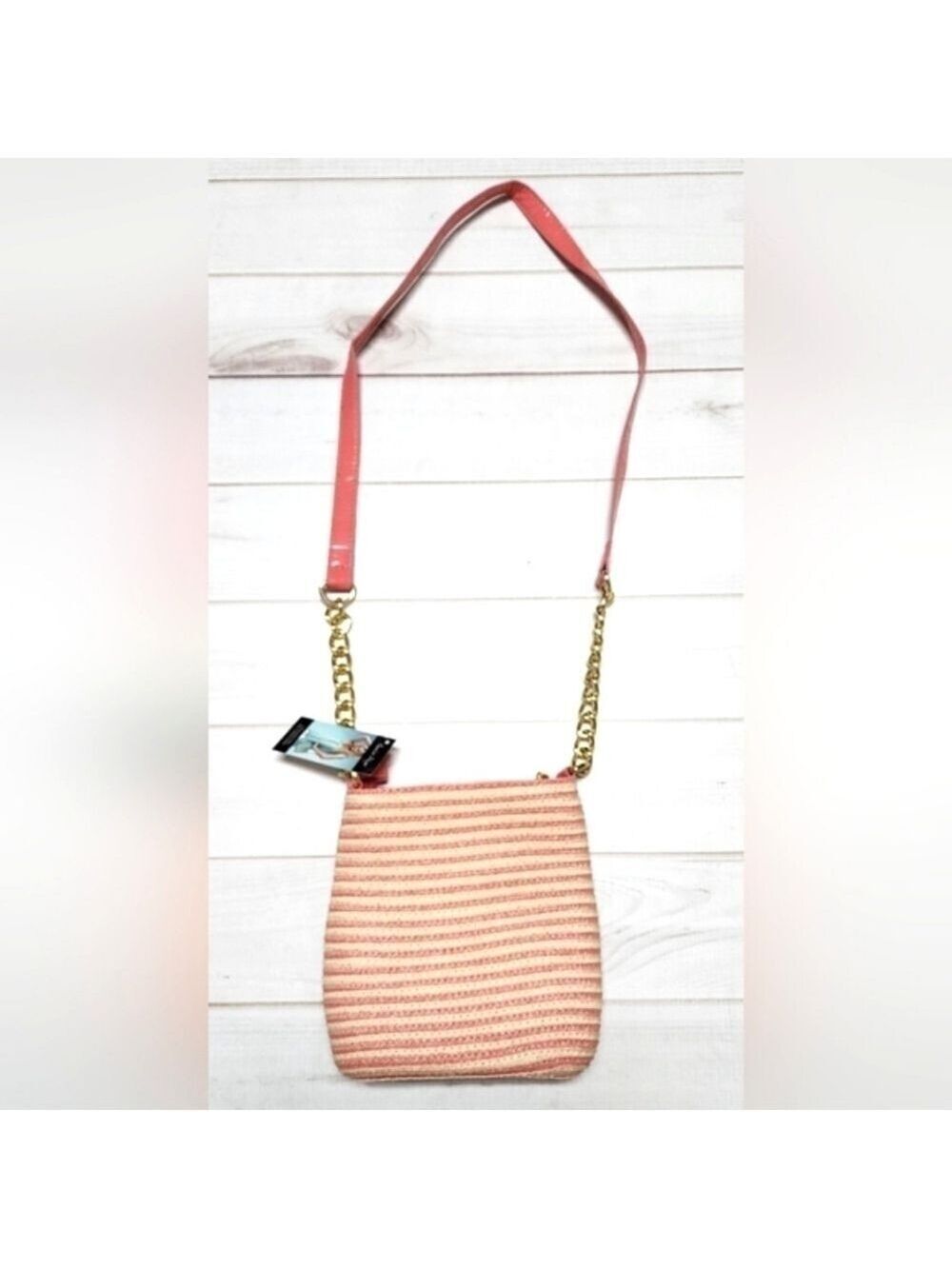 Charlie Paige Pink and Cream Straw Crossbody Bag - New With Tags